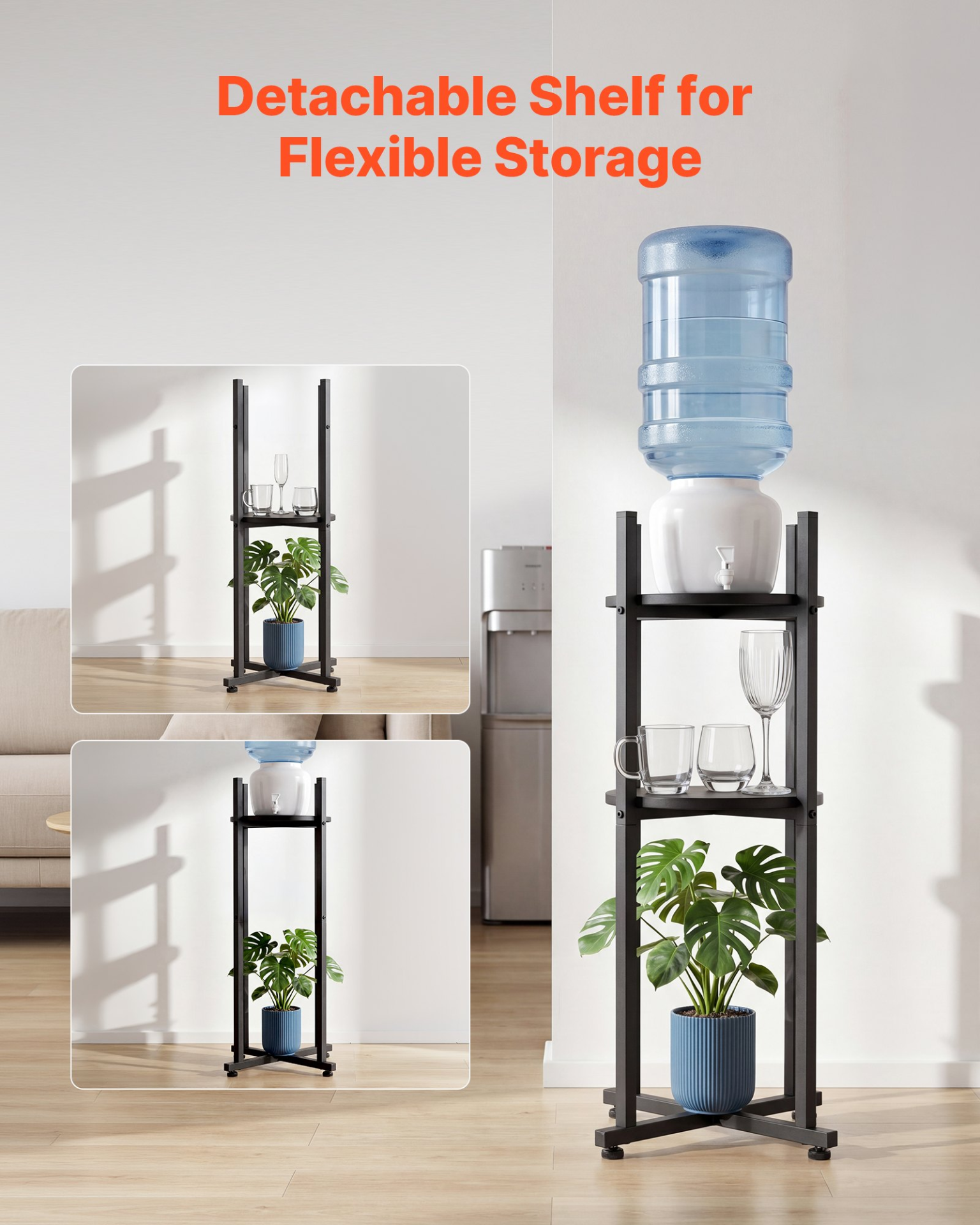 VEVOR Water Dispenser Stand, 2 Tiers Water Jug Holder for 1 Bottle, Heavy Duty Jug Rack Organizer with Detachable Storage Shelf, Cross-Shaped Stable Base, for Kitchen, Office, Living Room, Black