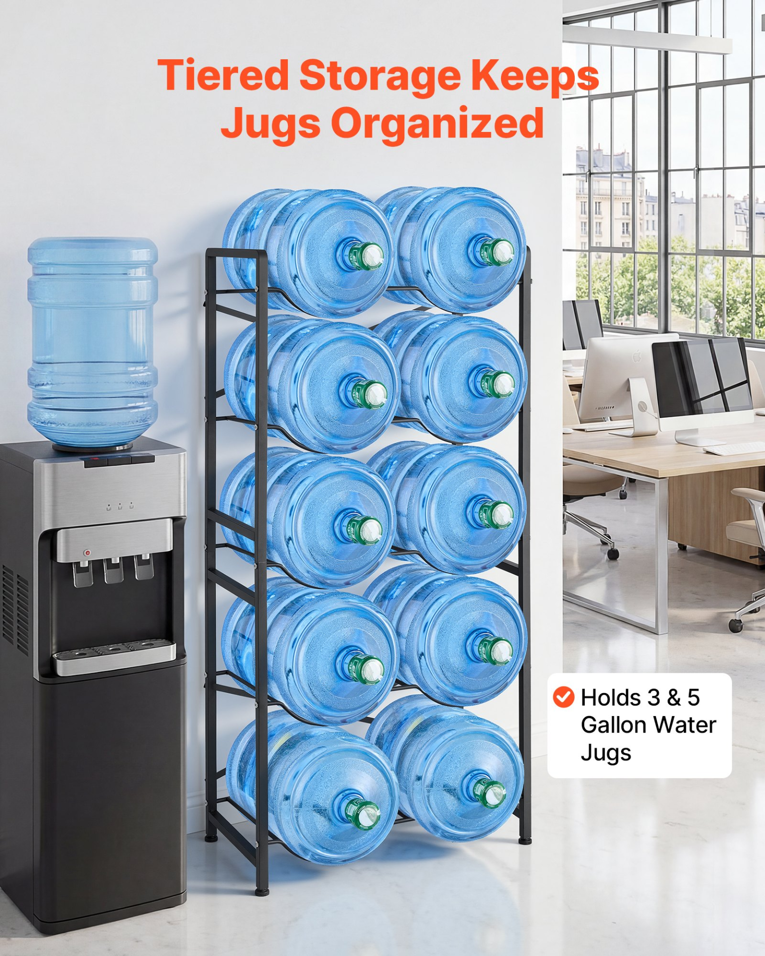 VEVOR Water Jug Holder, 5 Tiers Double Rows 3 and 5 Gallon Water Bottle Holder for 10 Bottles, Heavy Duty Jug Rack Organizer with Handles, Easy Assembly, for Kitchen, Office, Living Room, Black