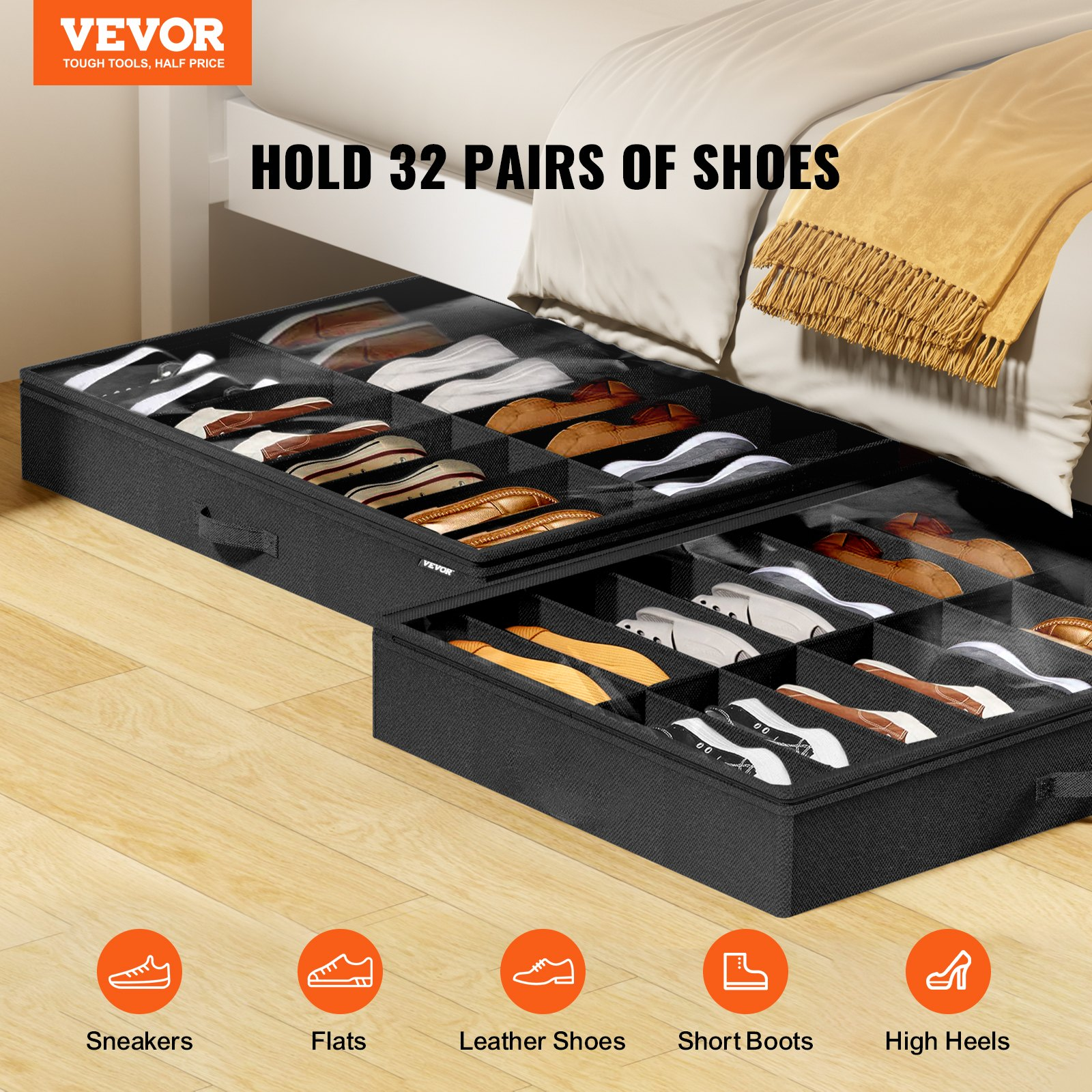 VEVOR Under Bed Shoe Storage Organizer, Set of 2, Total 32 Compartments, Underbed Shoes Closet Storage Solution with Clear Window, Breathable, Foldable Fabric Container Box with Reinforced Handles