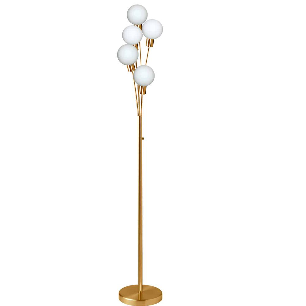 5-Light Budding Branch Floor Lamp – Aged Brass with White Glass