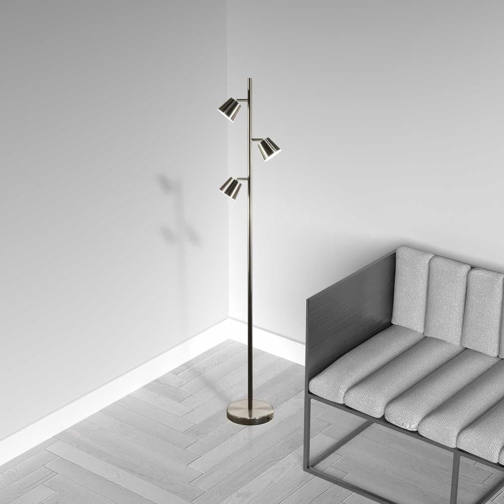 3-Light Adjustable LED Floor Lamp in Satin Chrome Metal