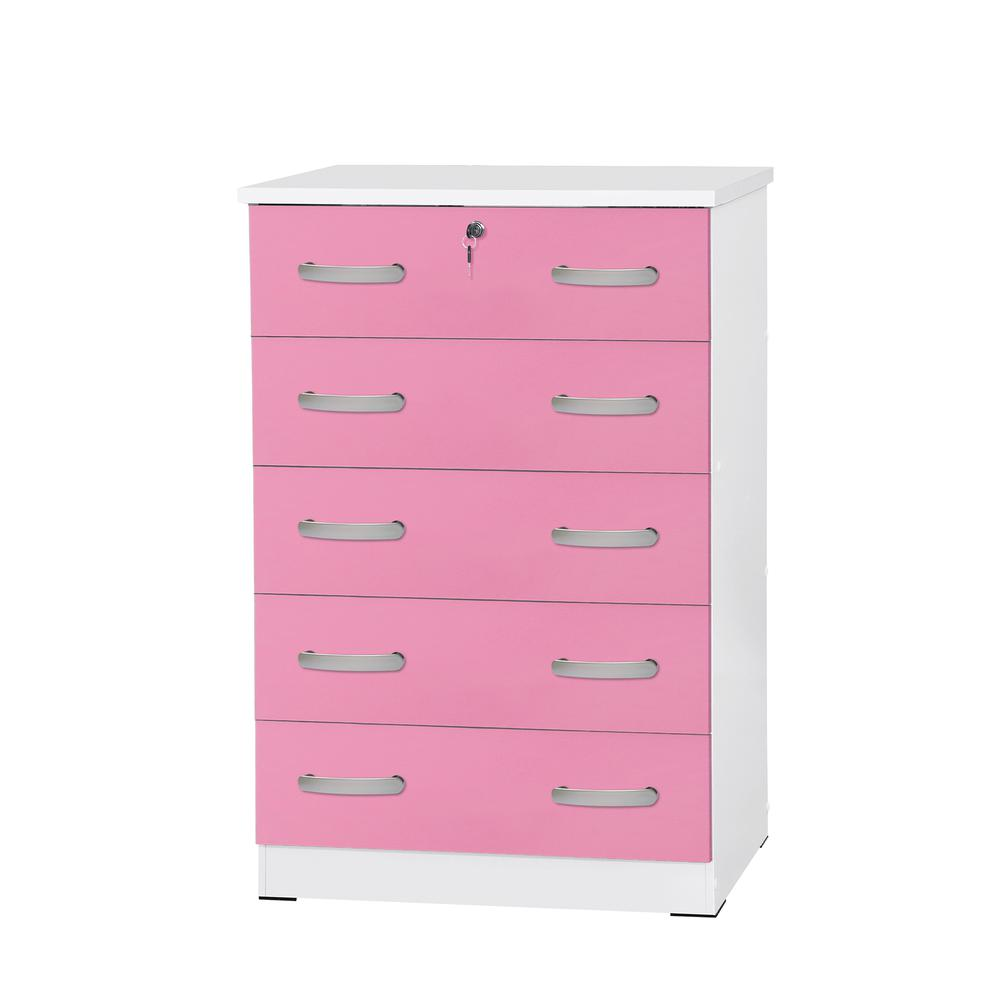 Better Home Products Cindy 5-Drawer Chest Dresser with Lock – White & Pink Engineered Wood Storage Chest