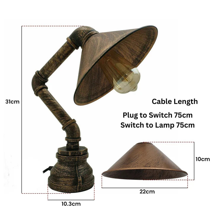 Steampunk Industrial Water Pipe Table Lamp – Brushed Copper & Rustic Red (E27 Bulb Optional)