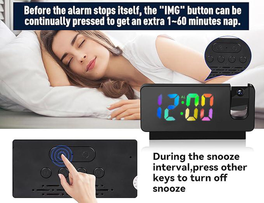 LED Digital Alarm Clock with Time Projection, Temperature Display, Multi-Dimming, Snooze Function, 12/24H, Modern Digital Clock for Bedroom & Office