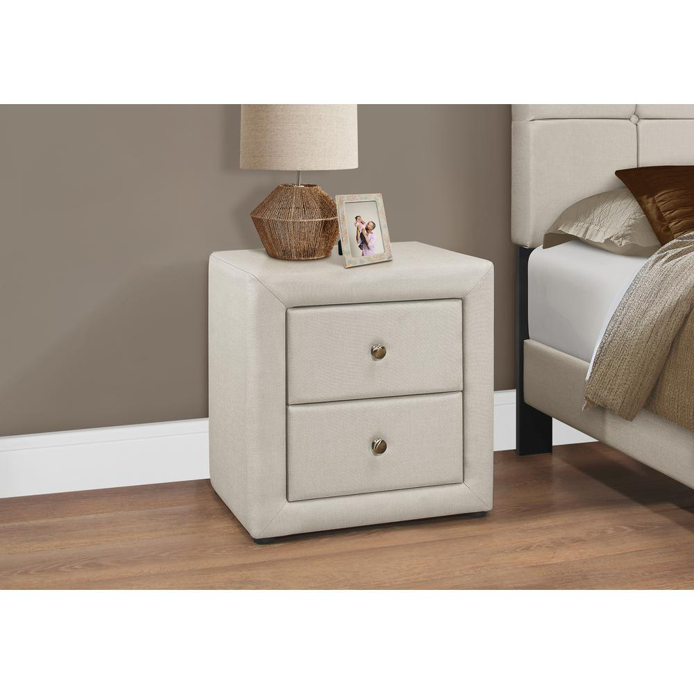 Modern Beige Linen-Look Upholstered Nightstand with 2 Drawers – Contemporary Bedroom Accent Table