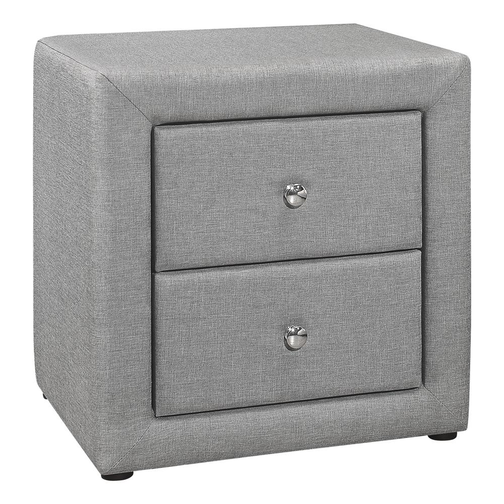 Modern Grey Linen-Look Upholstered Nightstand with 2 Drawers – Contemporary Bedroom Accent Table
