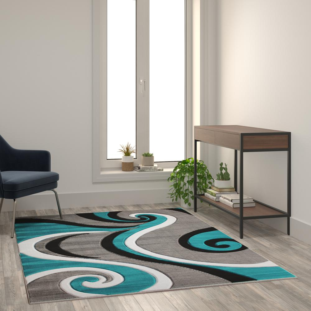 5' x 7' Turquoise Abstract Area Rug - Olefin Rug - Hallway, Entryway, or Bedroom