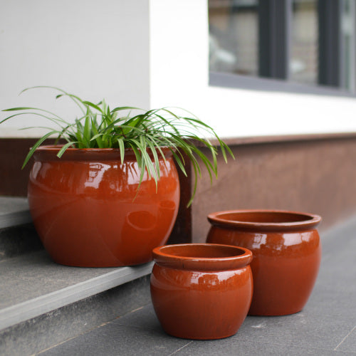 Handmade Rust Red Ceramic Planter Set of 3 with Drainage Holes, Breathable Clay Flower Pots for Indoor Outdoor Plants, Balcony, Garden & Home Decor