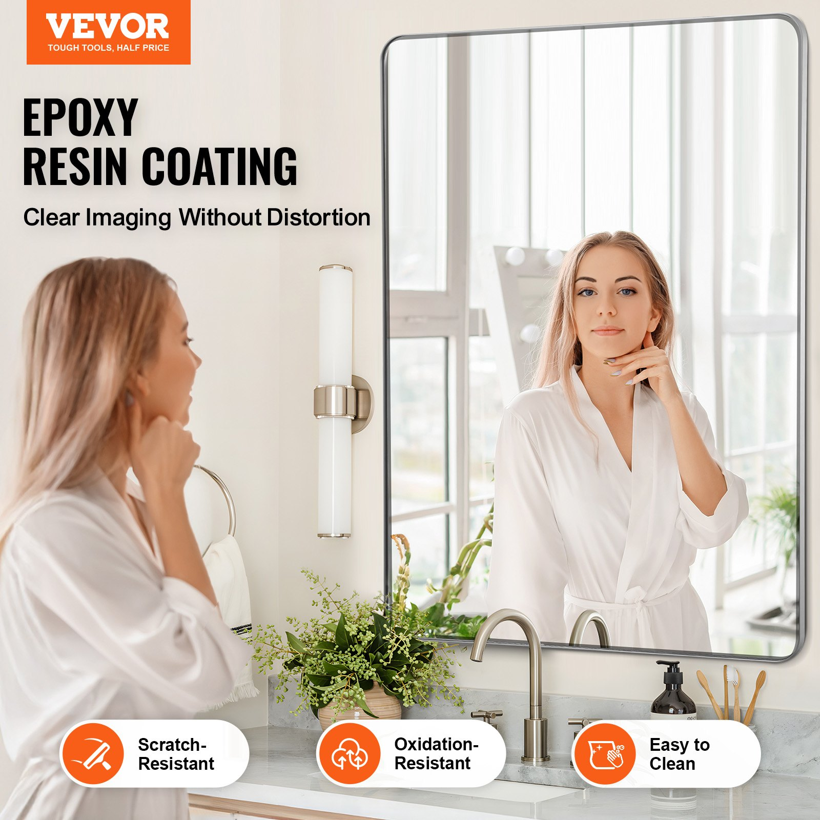 VEVOR Wall Mounted Makeup Mirror, 0.15" Thick, 36" x 48" Mirror with Aluminium Alloy Frame & Explosion-Proof Film, Scratch-Resistant Mirror with Z-Shaped Bracket, Fit for Bathroom/Bedroom/Living Room
