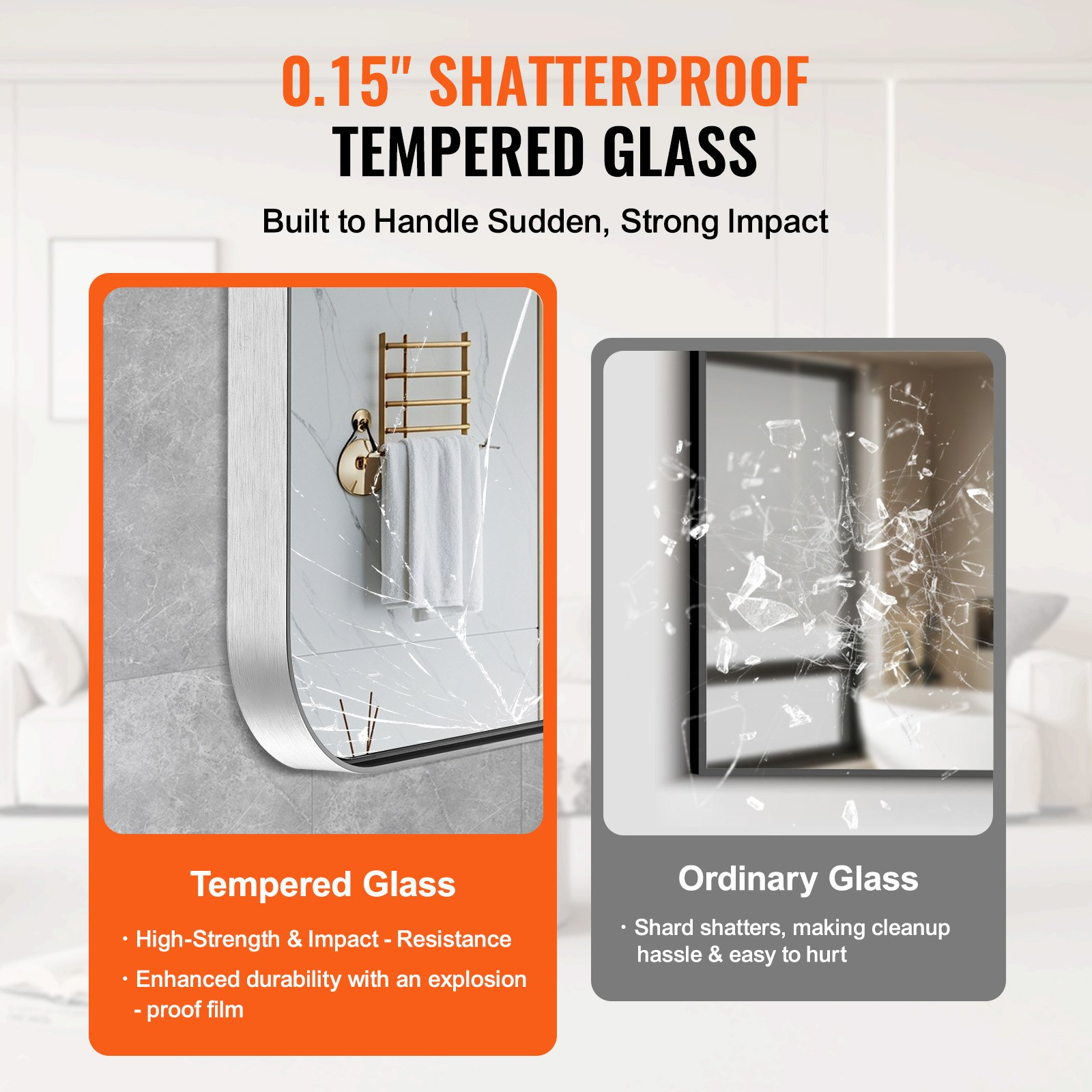 VEVOR Wall Mounted Makeup Mirror, 0.15" Thick, 36" x 48" Mirror with Aluminium Alloy Frame & Explosion-Proof Film, Scratch-Resistant Mirror with Z-Shaped Bracket, Fit for Bathroom/Bedroom/Living Room