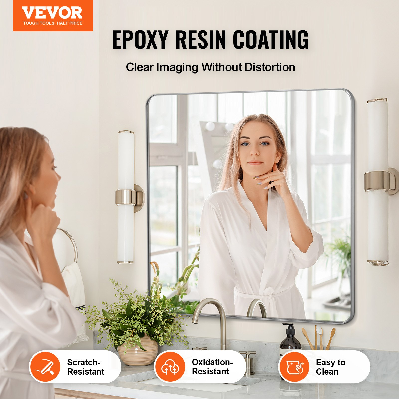 VEVOR Wall Mounted Makeup Mirror, 0.15" Thick, 36" x 36" Mirror with Aluminium Alloy Frame & Explosion-Proof Film, Scratch-Resistant Mirror with Z-Shaped Bracket, Fit for Bathroom/Bedroom/Living Room