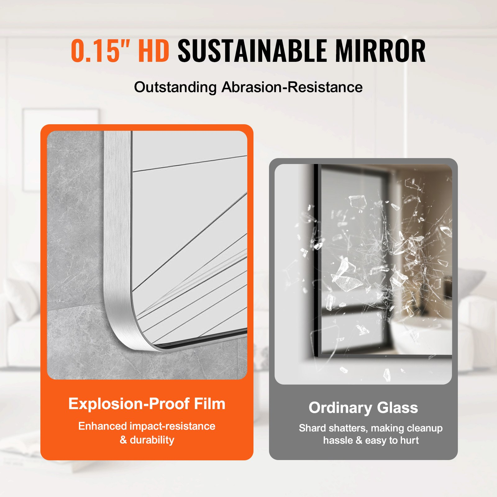 VEVOR Wall Mounted Makeup Mirror, 0.15" Thick, 36" x 36" Mirror with Aluminium Alloy Frame & Explosion-Proof Film, Scratch-Resistant Mirror with Z-Shaped Bracket, Fit for Bathroom/Bedroom/Living Room