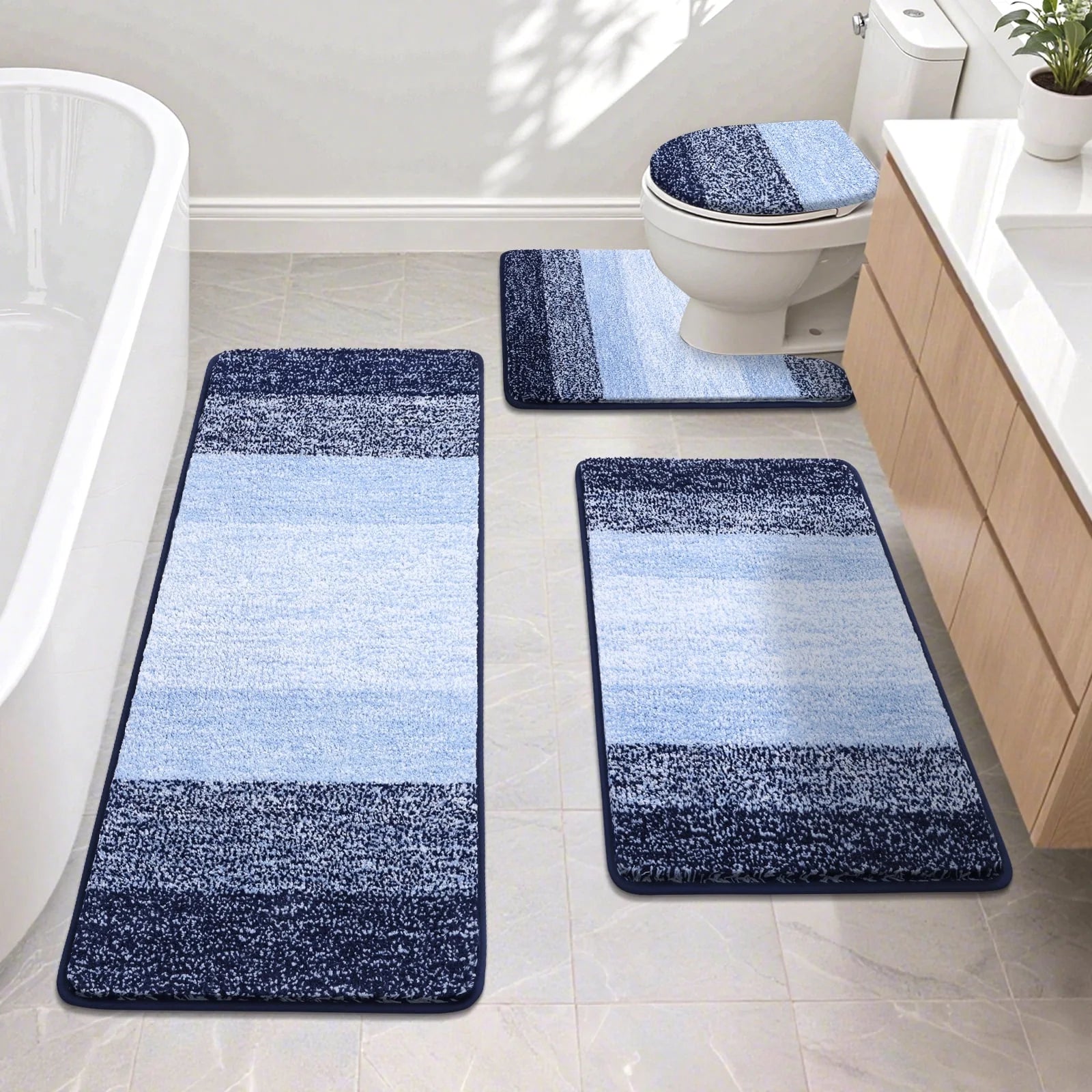 Traditional 4 Piece Microfiber Washable Bathroom Rug Set, Grey