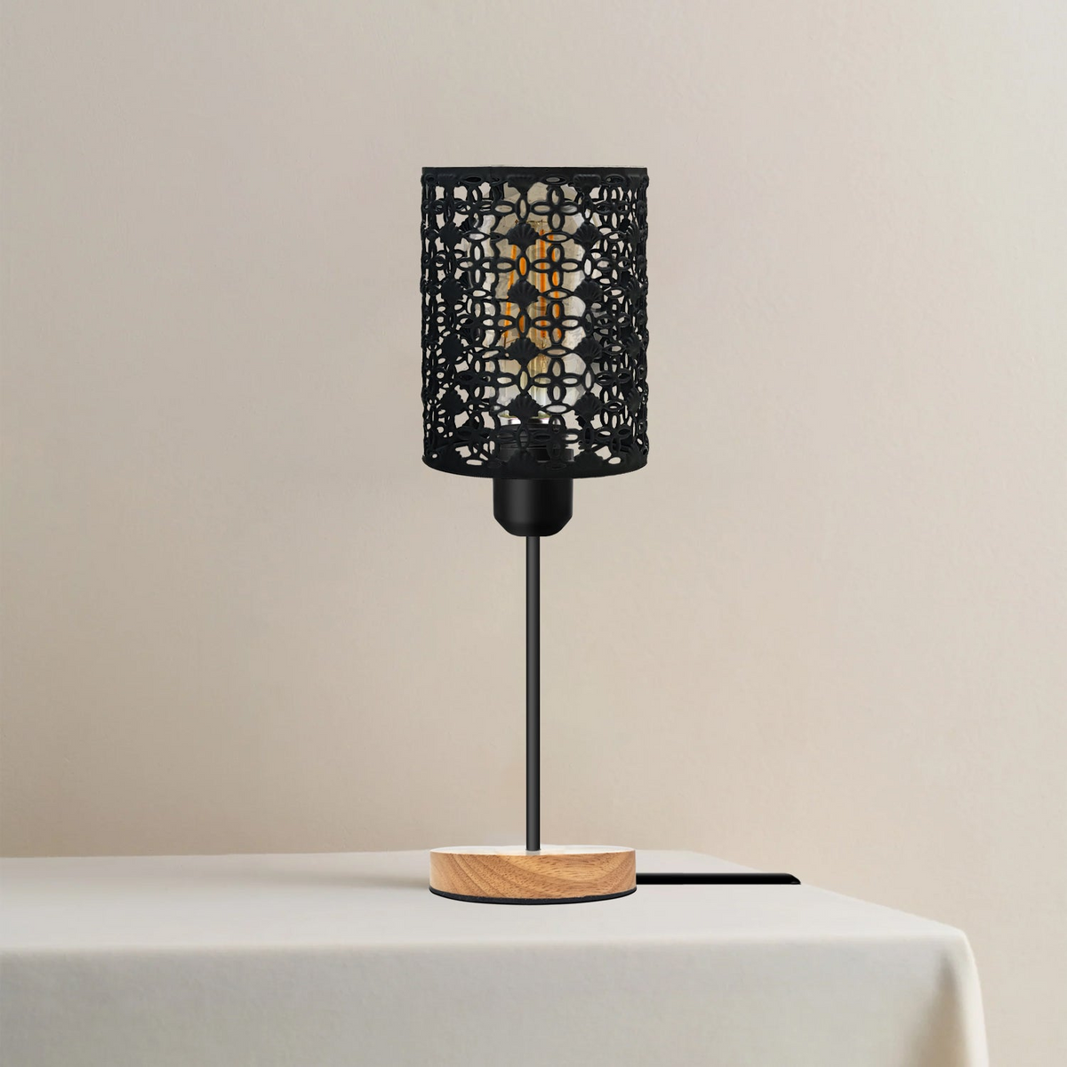 Black Cage Metal Table Lamp with Wood Stand – Vintage Style, E27 60W