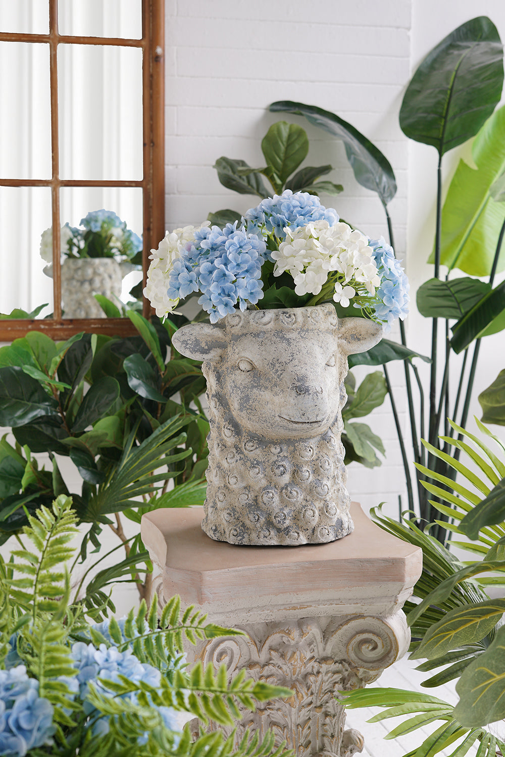 Distressed Magnesium Oxide Sheep Head Planter, White & Gray