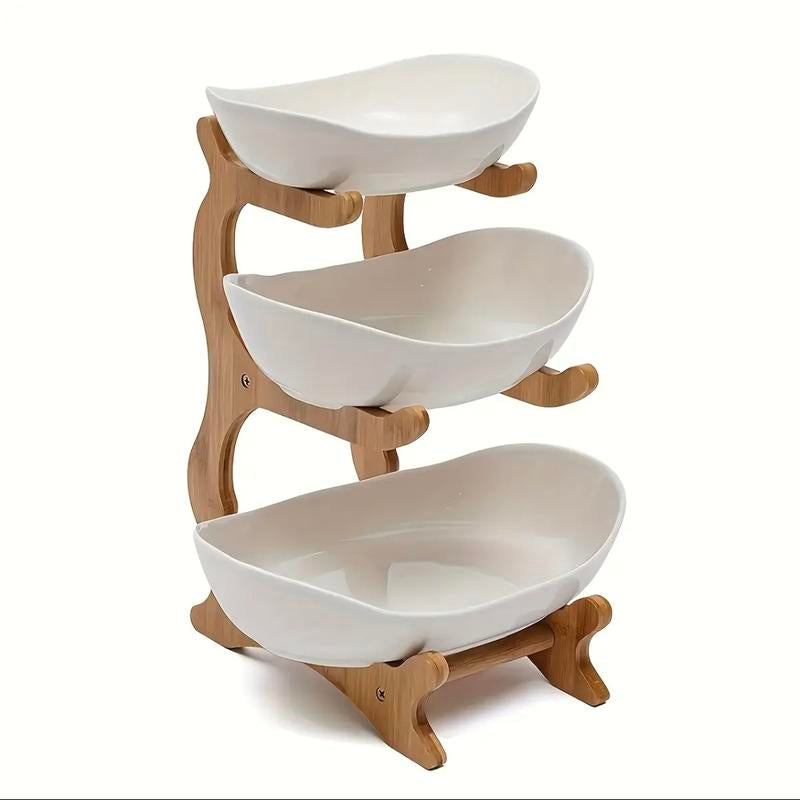 3-Tier Oval Fruit Basket with Bamboo Stand - Durable Polypropylene Kitchen Storage Rack, Natural Bamboo Finish, Refrigerator Ice Tray Replacement, Modern Elegant Design for Showers, Fruit Basket for Kitchen, Party Serving Tray, Stylish Storage Solution