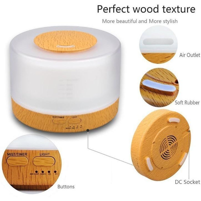 500ml Ultrasonic Aroma Diffuser + 6 Essential Oils | Quiet Humidifier, Air Purifier, 7 LED Colors, Auto-Off Safety, Wood Grain Design for Home, Bedroom & Large Rooms