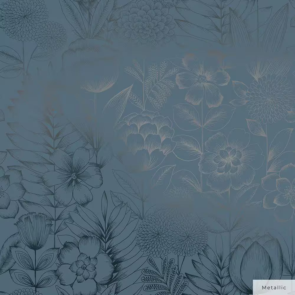 Metallic Blue Ribbon Homestead Floral Vinyl Peel and Stick Wallpaper Roll (Covers 28 sq. ft.)