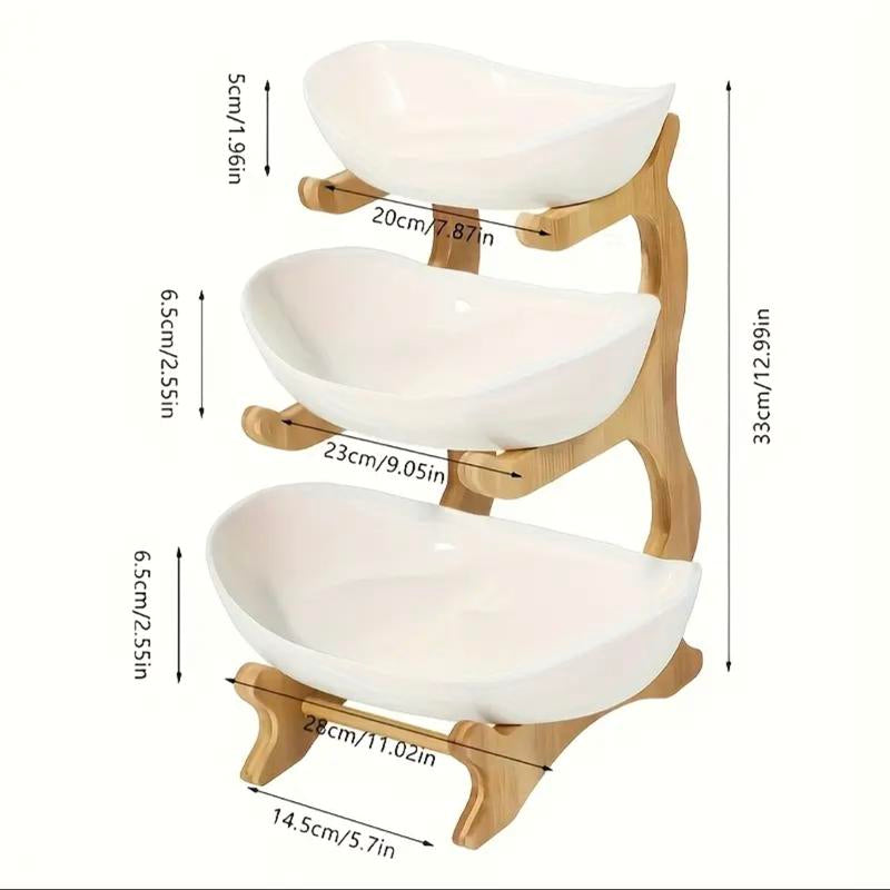 3-Tier Oval Fruit Basket with Bamboo Stand - Durable Polypropylene Kitchen Storage Rack, Natural Bamboo Finish, Refrigerator Ice Tray Replacement, Modern Elegant Design for Showers, Fruit Basket for Kitchen, Party Serving Tray, Stylish Storage Solution