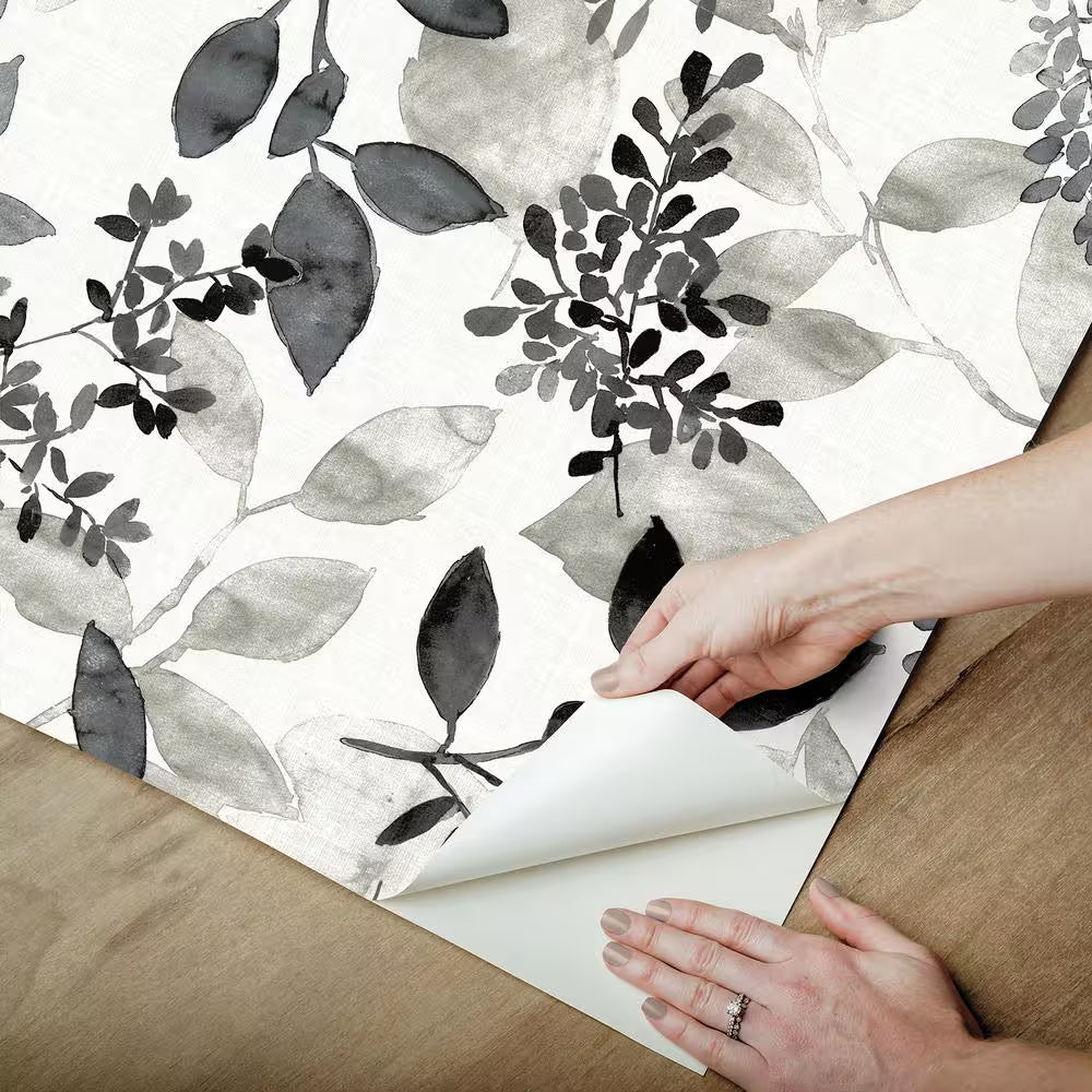 Black Breezy Floral Botanical Vinyl Peel and Stick Wallpaper Roll