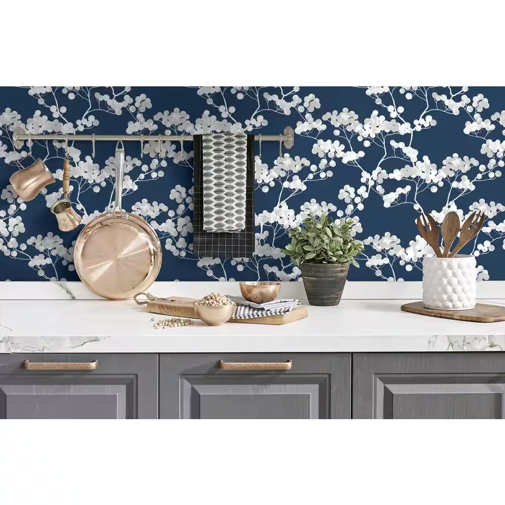 Cyprus Blossom Navy Blue and Grey Floral Vinyl Peel and Stick Wallpaper Roll