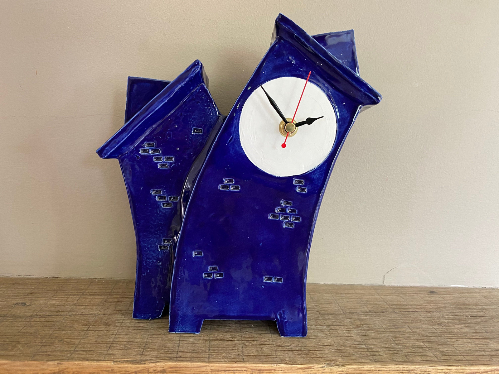 Double Wonky Clock for Desk, Shelf, Mantel, Table royal blue glaze
