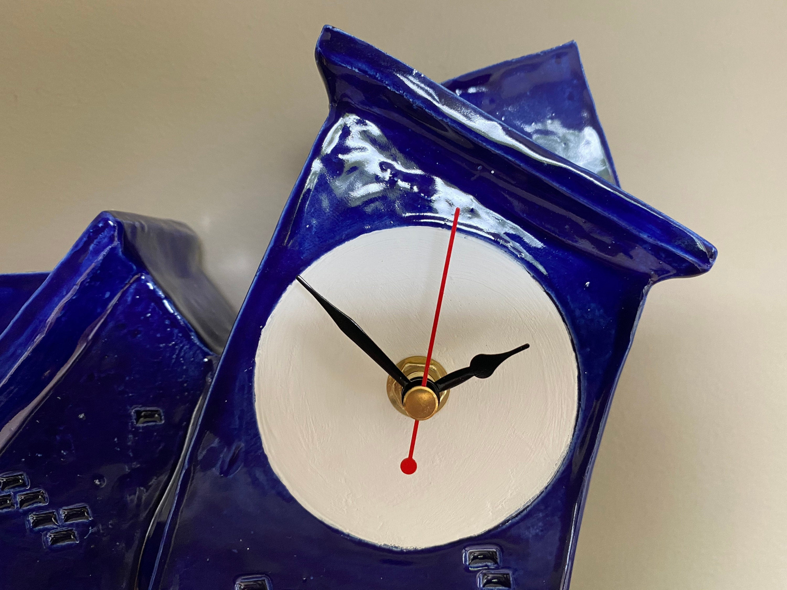 Double Wonky Clock for Desk, Shelf, Mantel, Table royal blue glaze