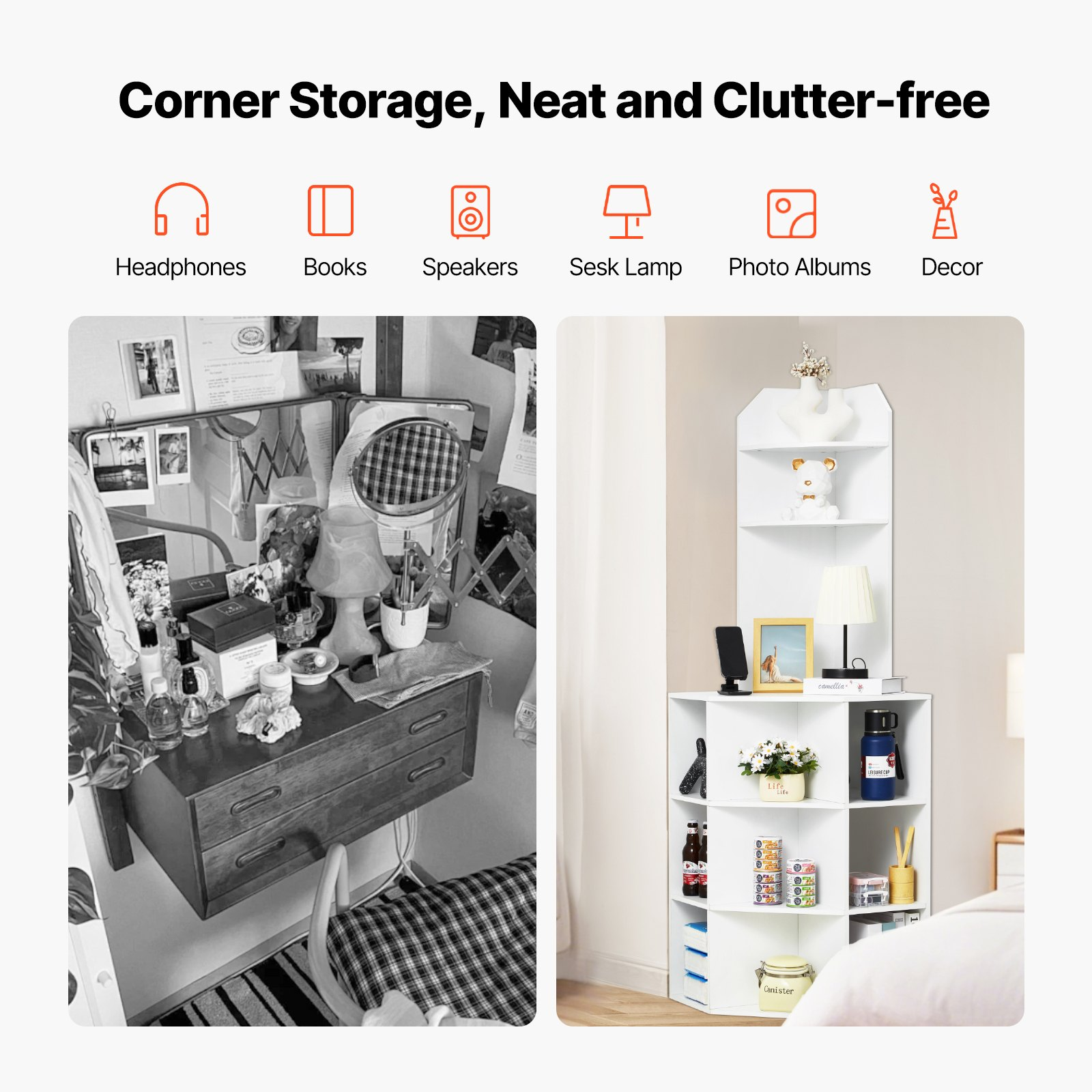 VEVOR 64" Tall Corner Storage Cabinet, 6 Tiers Wooden Storage Cabinet with USB Ports and Outlets & Adjustable Shelves, Freestanding Corner Cabinet for Living Room, Kitchen, Laundry Room, White