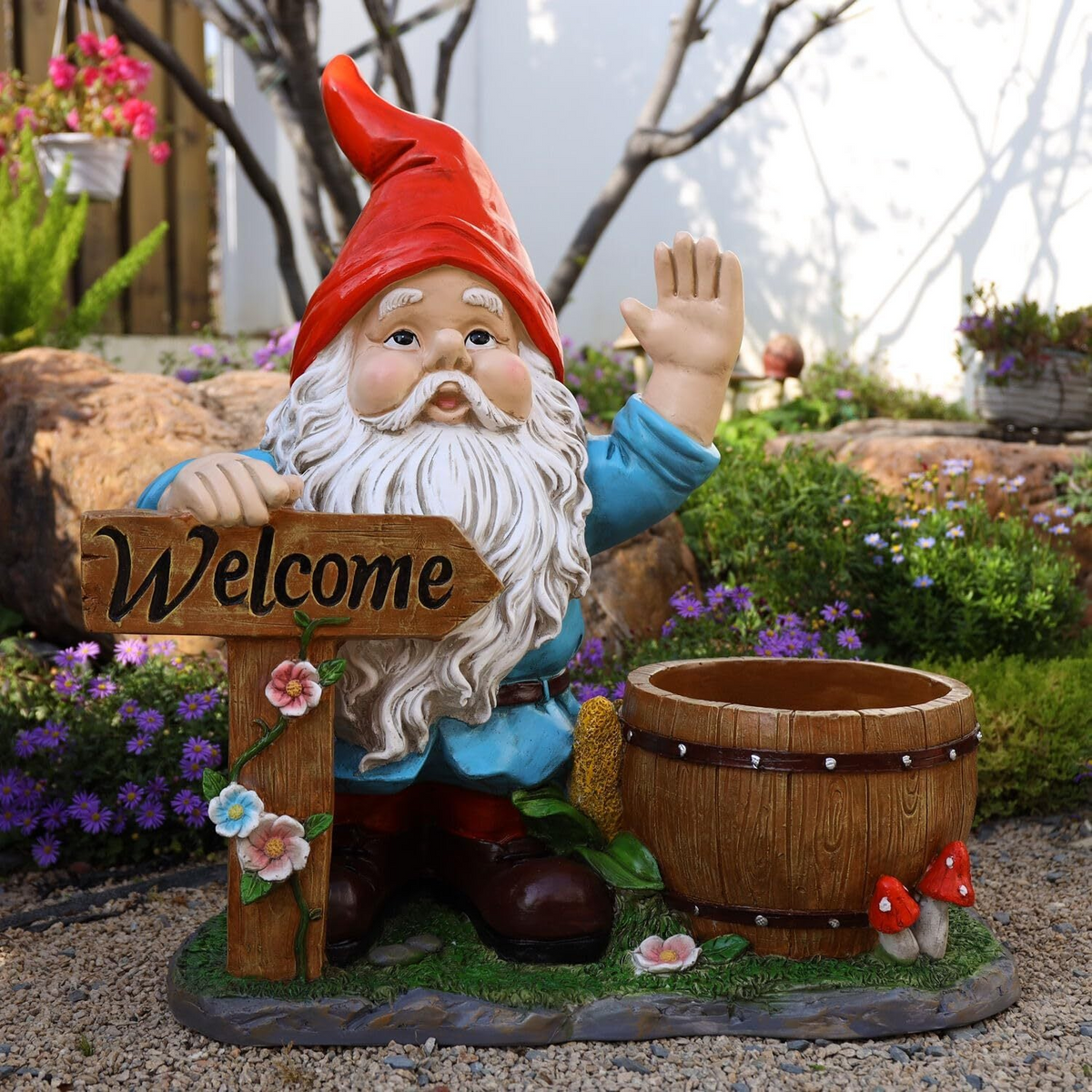 Resin Gnome Planter Statue with Welcome Sign for Outdoor Garden Décor, 27.5 in