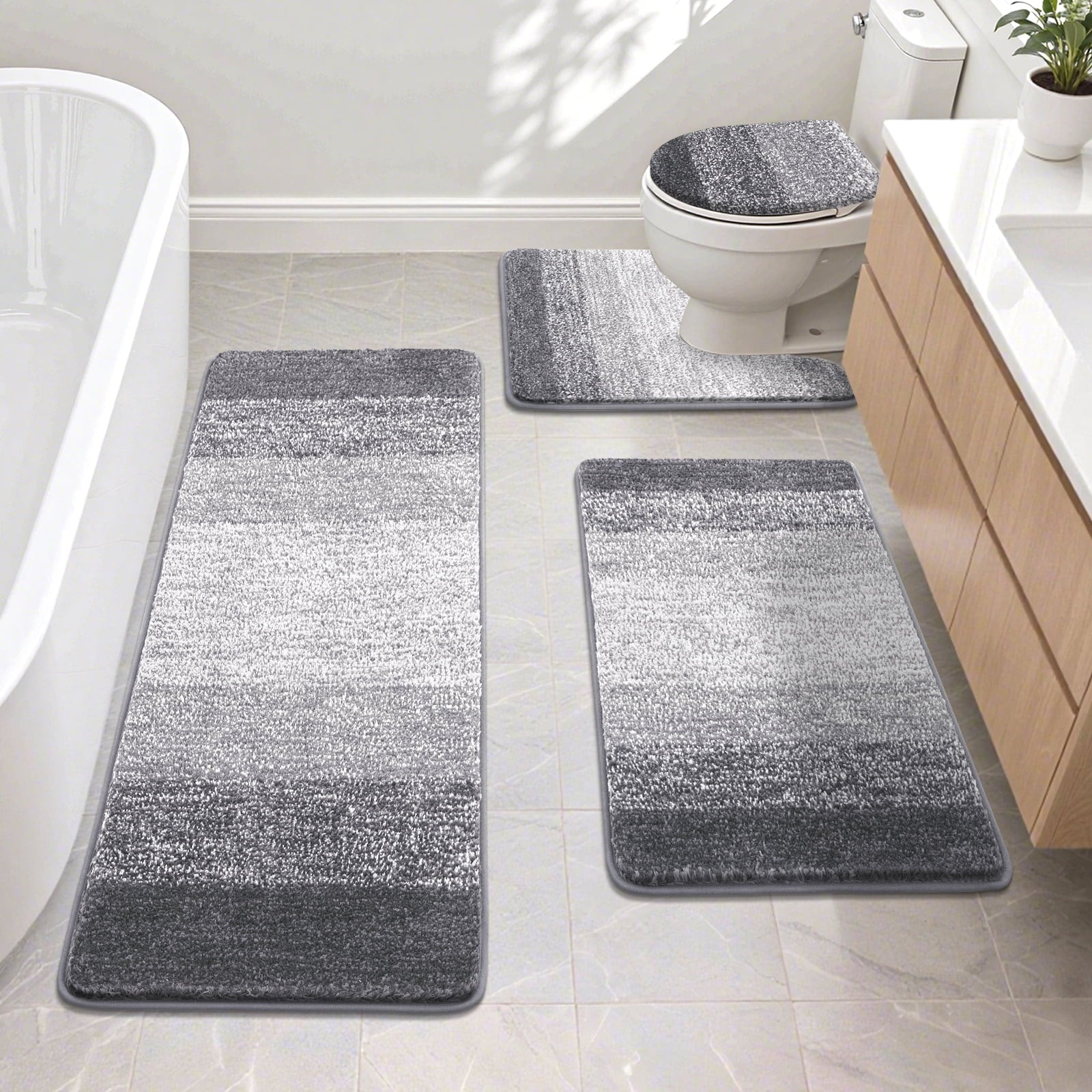 Traditional 4 Piece Microfiber Washable Bathroom Rug Set, Grey