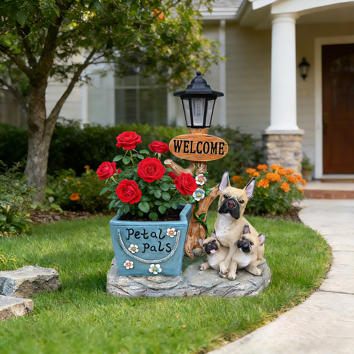 French Bulldog Family Resin Planter Statue for Outdoor Garden Décor, 14.6 in