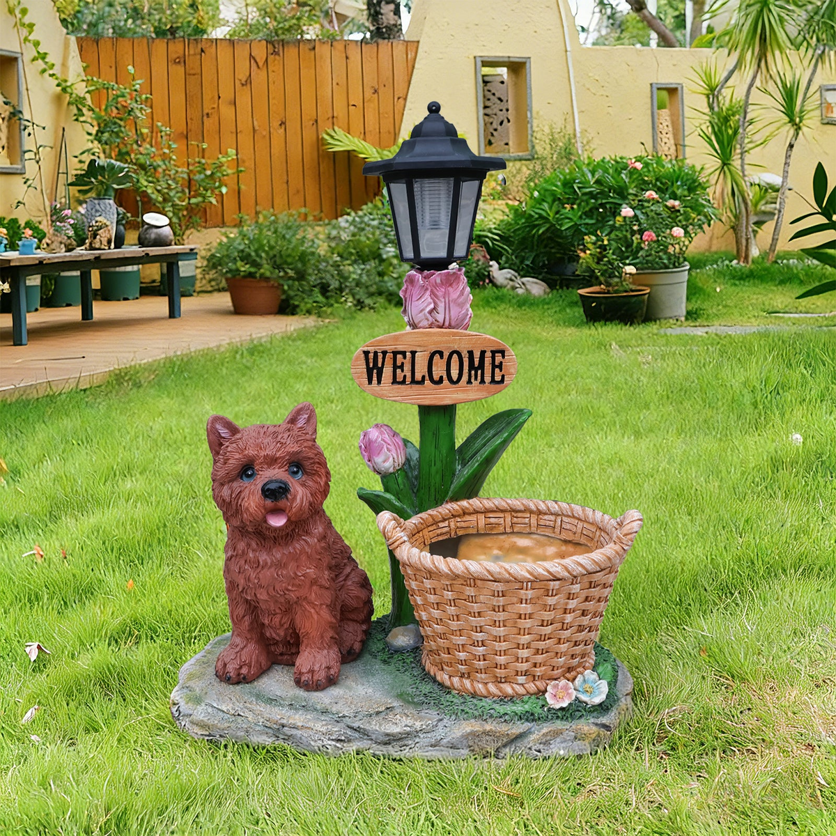 Sitting Puppy Solar Planter Statue with Outdoor Garden Light, 15.4 in