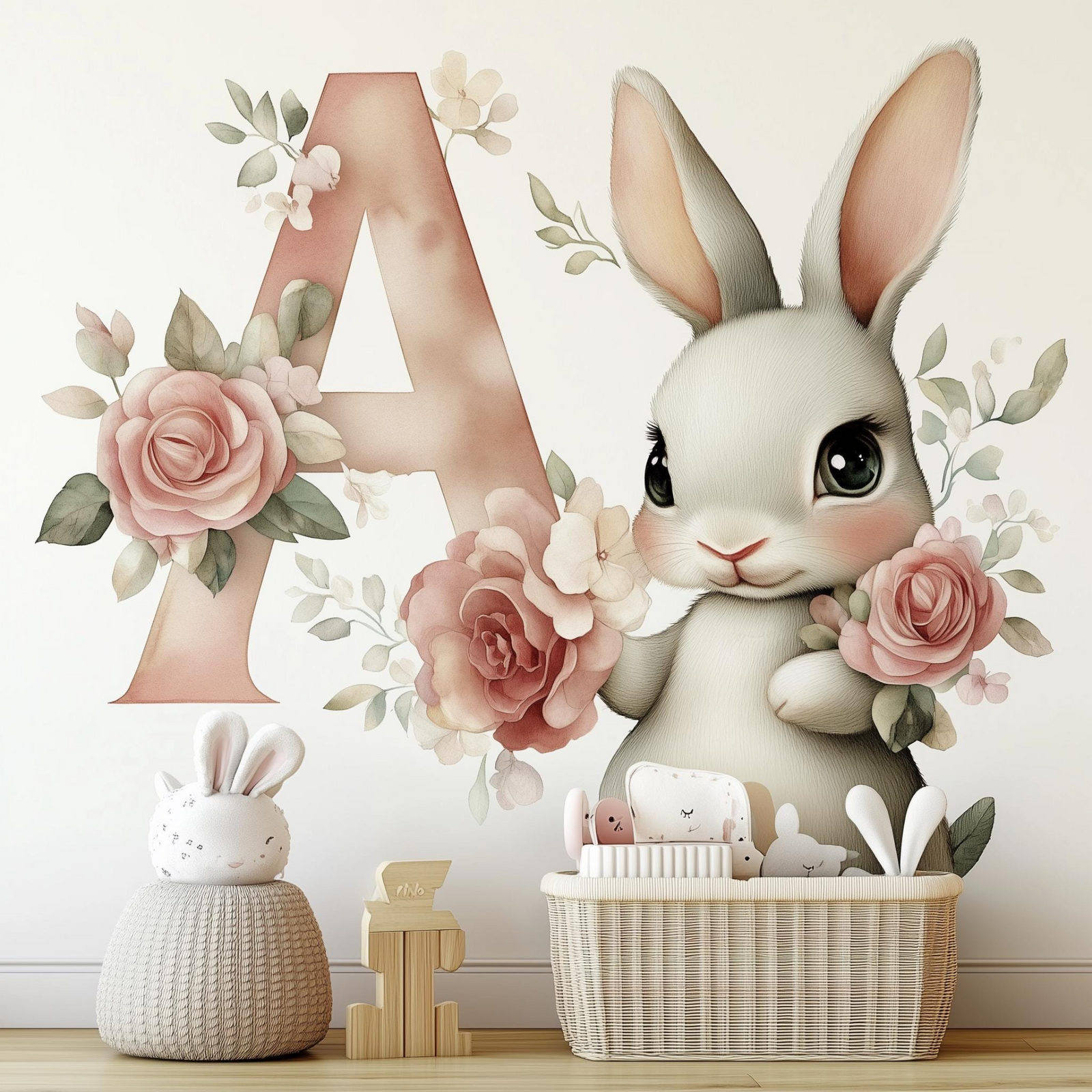 Personalized Bunny Wall Decal – Custom Floral Monogram Vinyl Sticker for Nursery Decor