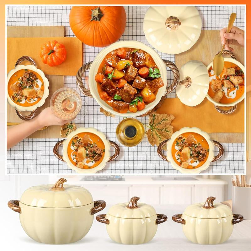 Set of 5 Ceramic Pumpkin Bowls with Lids & Handles – 17oz & 54oz Fall-Themed Soup, Dessert, and Storage Pots
