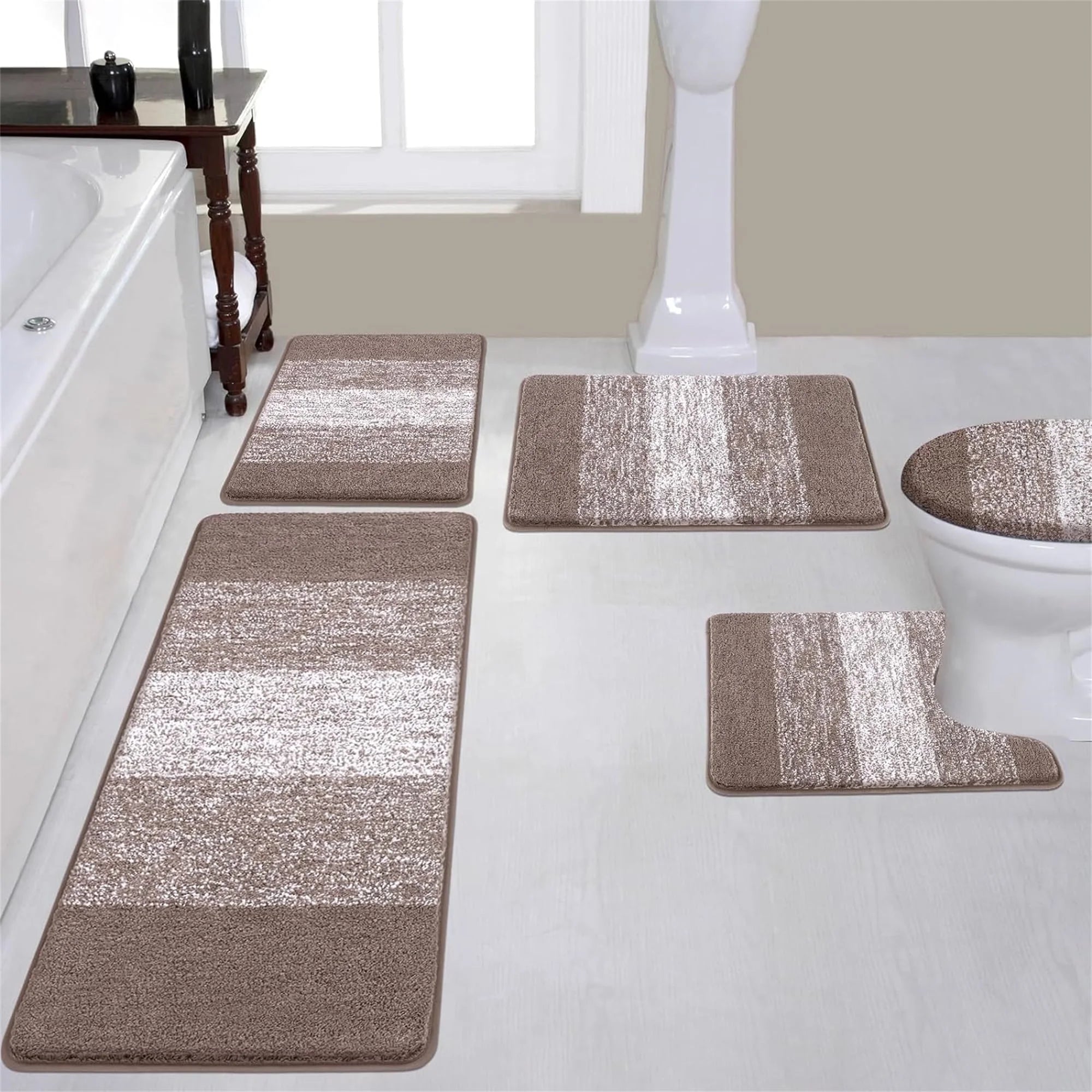 Traditional 4 Piece Microfiber Washable Bathroom Rug Set, Grey