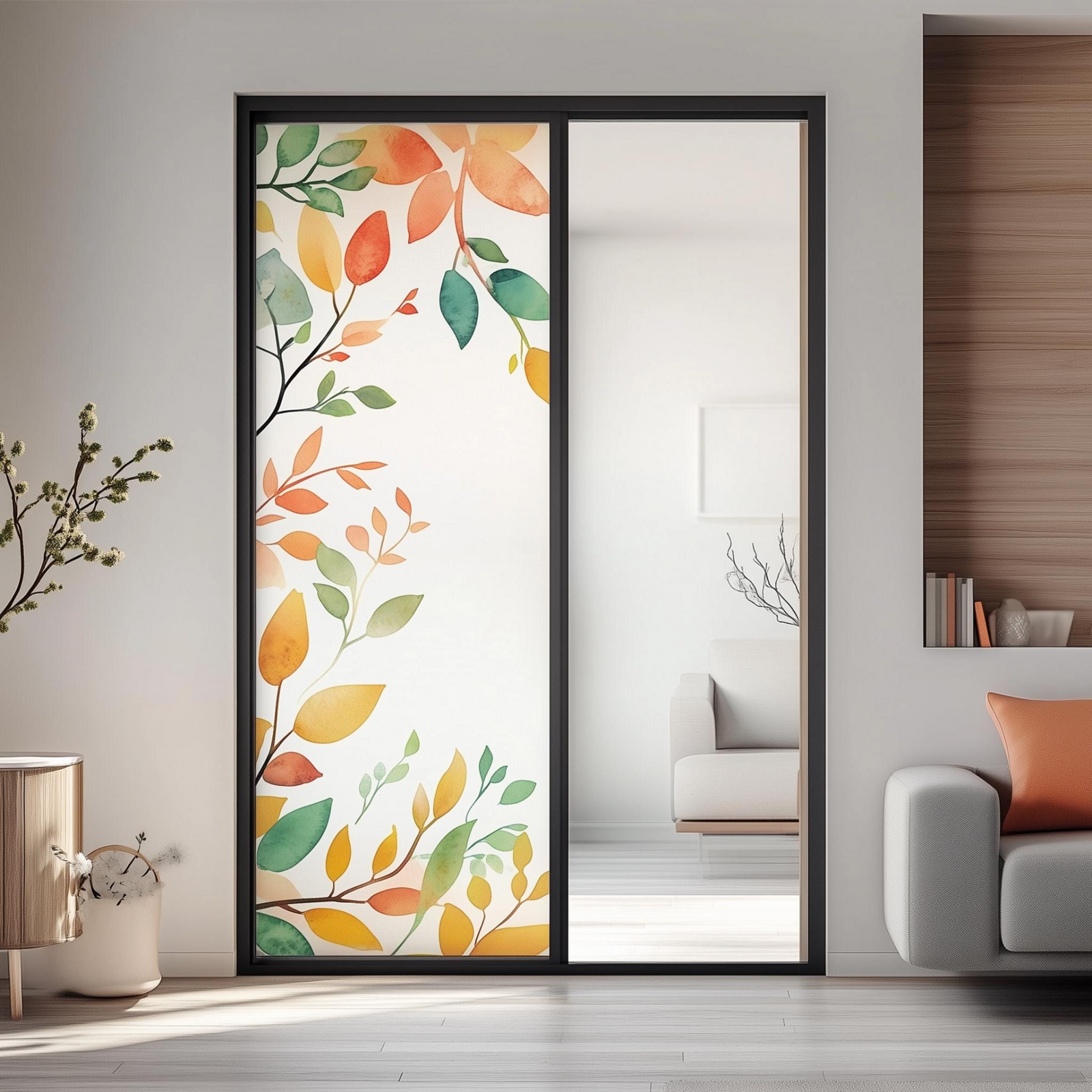 Custom Frosted Glass Film with Leaf Design | Privacy Window Etched Film Decal with Printed Watercolor Pattern | Customizable Window Sticker