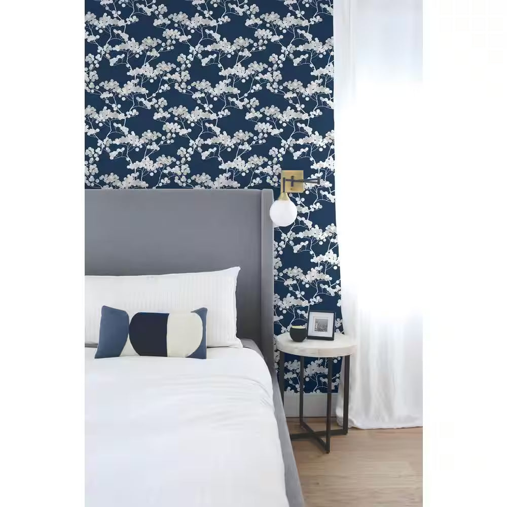 Cyprus Blossom Navy Blue and Grey Floral Vinyl Peel and Stick Wallpaper Roll