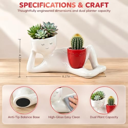 Sleepy Sprout Planter, Red Funny Head Face Planter,Double Layer Succulent