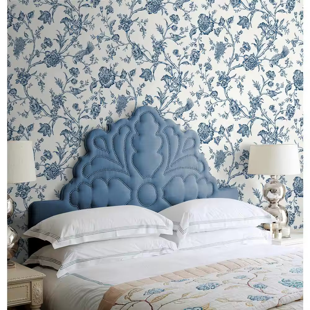 Navy Blue Jasmine Chinoiserie Vinyl Peel and Stick Wallpaper Roll 40.5 sq. ft. 