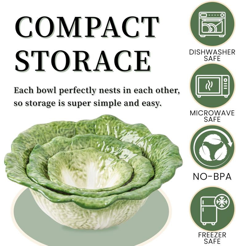 KXZ 3-Piece Cabbage Ceramic Bowl Set – 5oz, 16oz & 60oz Bowls for Soup, Salad, Fruit | Elegant Green Hand-Painted Serving Bowls
