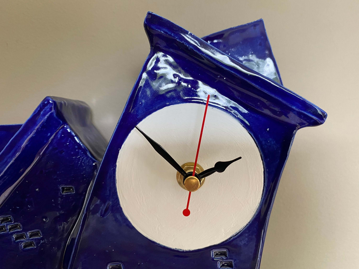 Double Wonky Clock for Desk, Shelf, Mantel, Table royal blue glaze