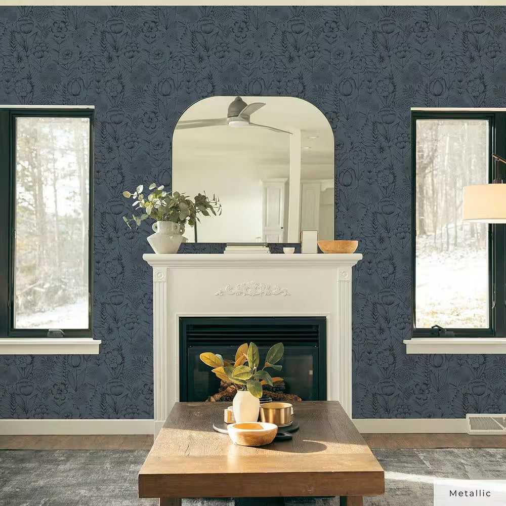 Metallic Blue Ribbon Homestead Floral Vinyl Peel and Stick Wallpaper Roll (Covers 28 sq. ft.)