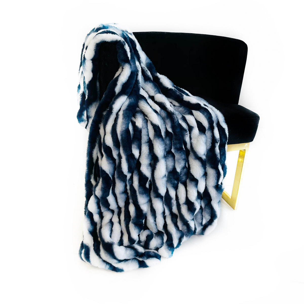 Plutus White Navy Snow Chinchilla Faux Fur Luxury Throw Blanket – Reversible Designer Accent