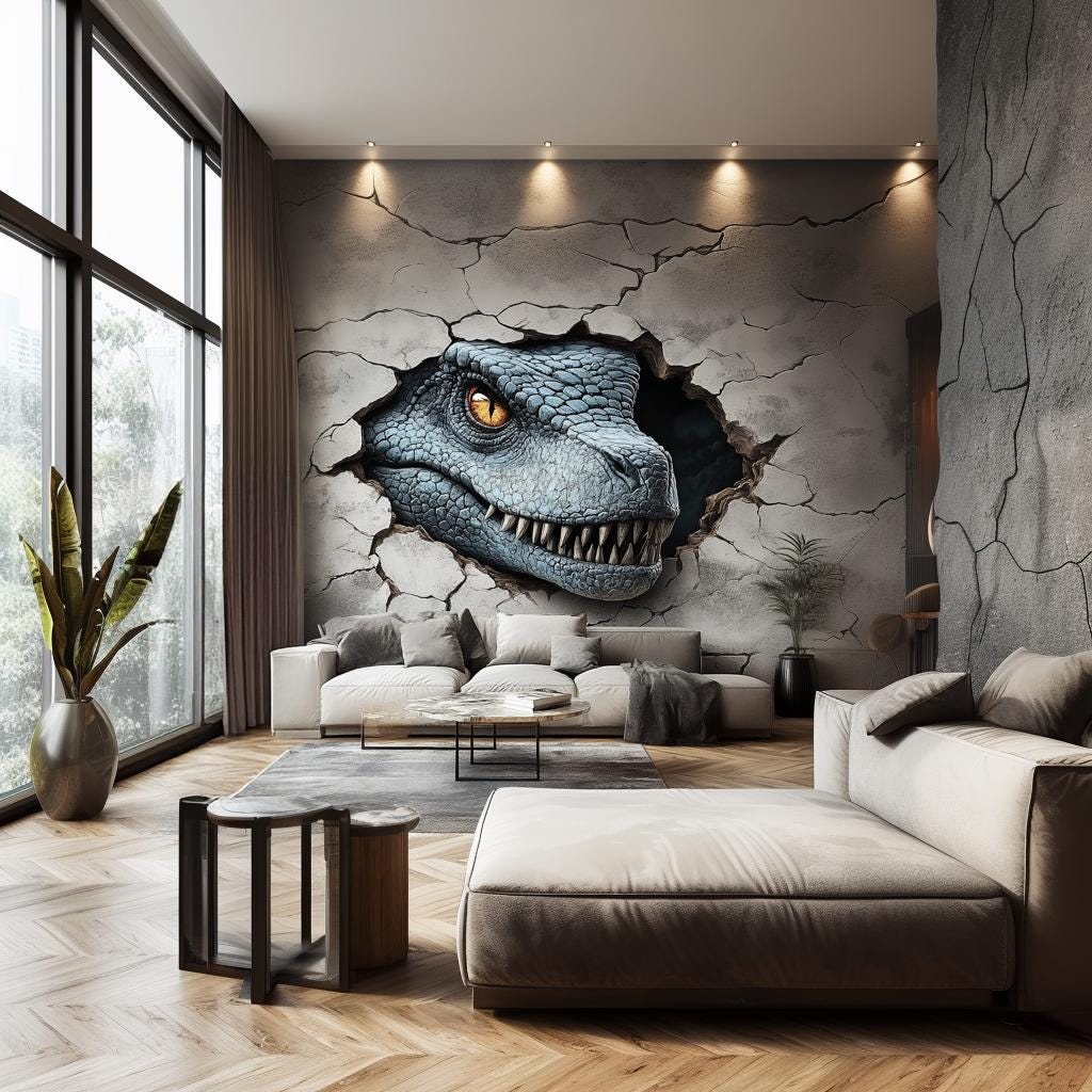 3D Blue Raptor Wall Mural – Peel and Stick Dinosaur Wall Decal for Kids’ Rooms and Playrooms