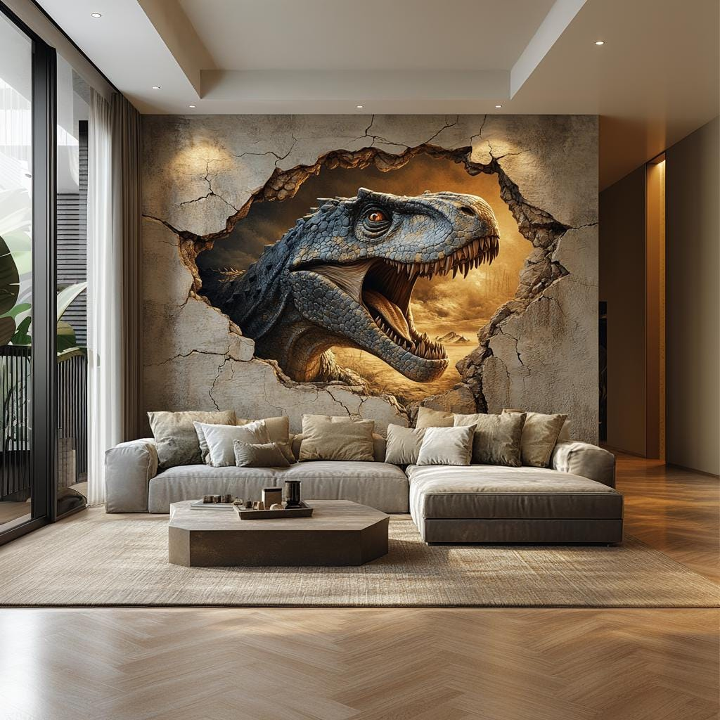 3D T-Rex Dinosaur Wall Mural – Fierce Jurassic Wall Decal