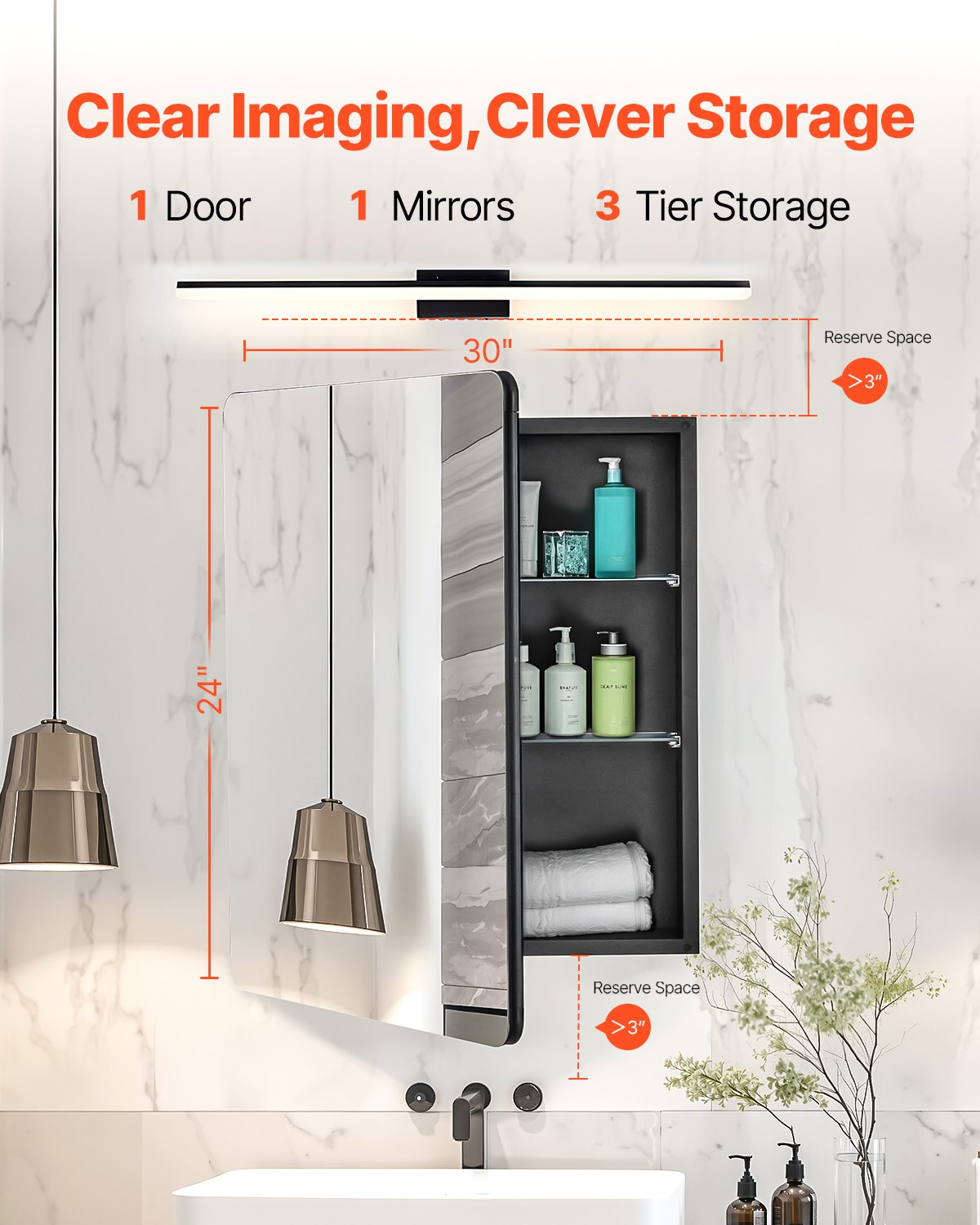 VEVOR Medicine Cabinet, 24 x 30 inch, Medicine Cabinet for Bathroom with Mirror,  Aluminum Frame Bathroom Wall Cabinet, 2-layer Adjustable Shelves, Recessed & Wall-mounted Installation