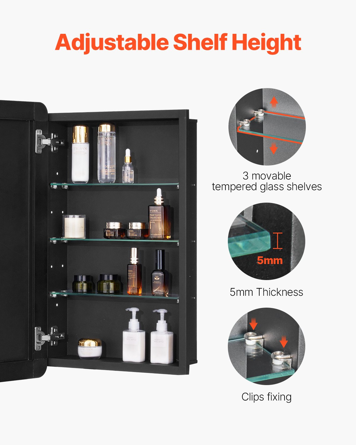 VEVOR Medicine Cabinet, 16.5 x 27.5 inch, Medicine Cabinet for Bathroom with Mirror,  Aluminum Frame Bathroom Wall Cabinet, 3-layer Adjustable Shelves, Recessed & Wall-mounted Installation