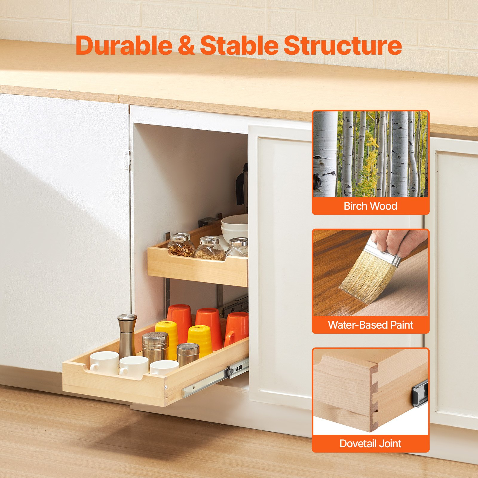 VEVOR 2-Tier Pull-Out Cabinet Organizer with Soft-Close Slides – 14" Adjustable Sliding Drawer Shelf
