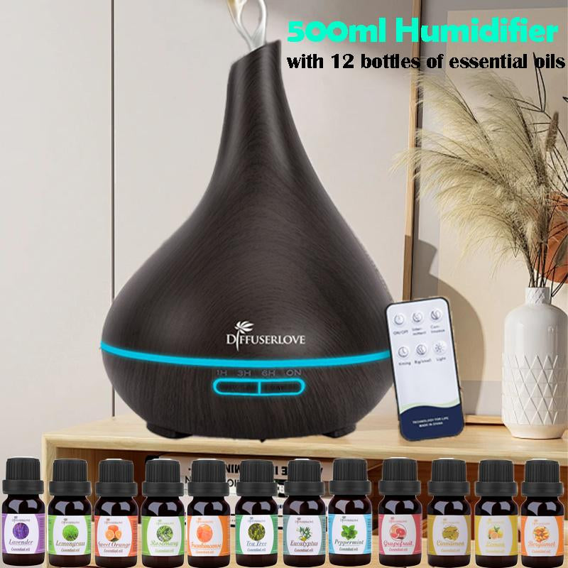 500ml Ultrasonic Aroma Diffuser Lamp – Quiet Smoke Vaporizer with 7 LED Lights & 4 Timer Modes (+12 Essential Oils Set Available)