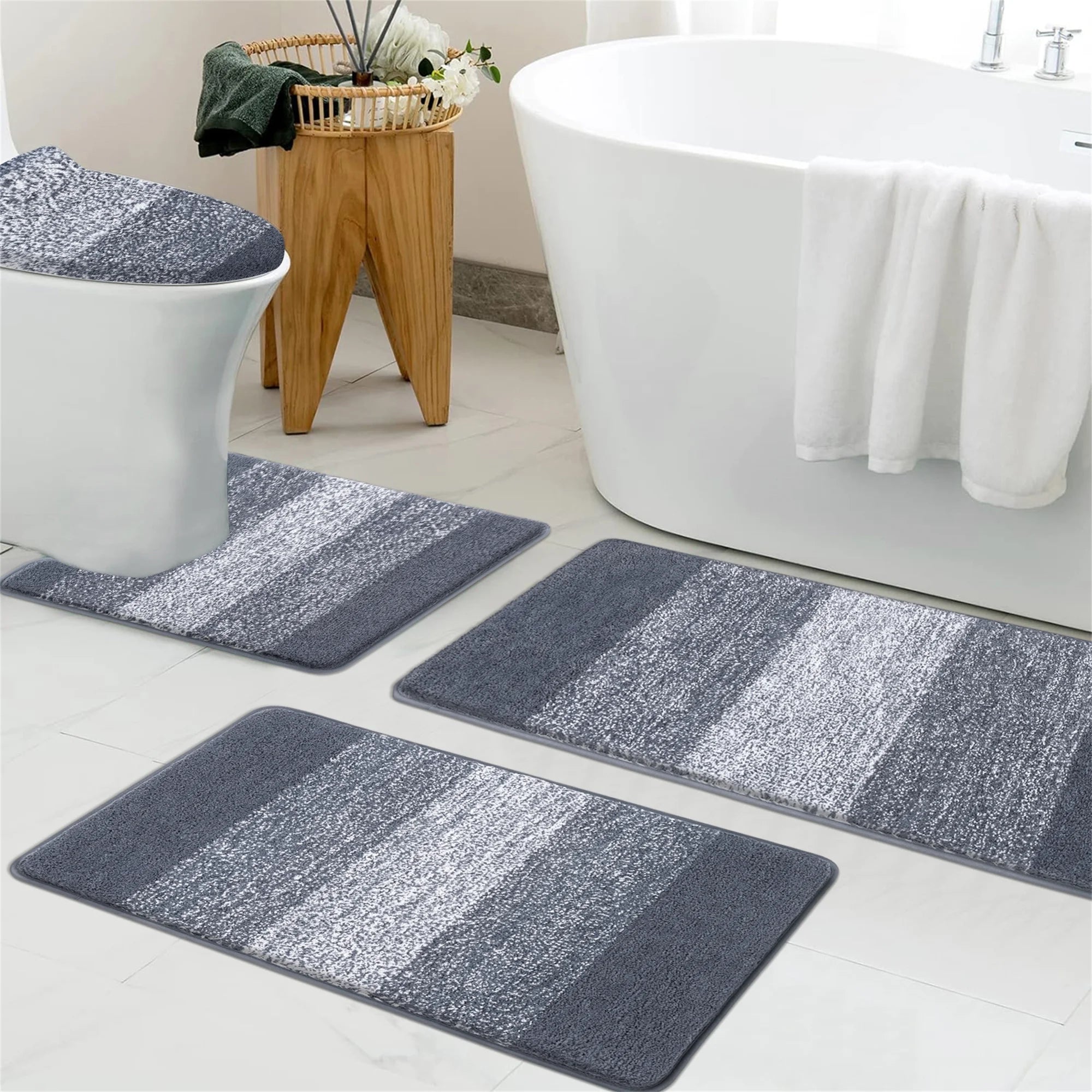 Traditional 4 Piece Microfiber Washable Bathroom Rug Set, Grey